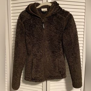 Sahalie women’s Polar Tec fleece 83520 zip, hooded jacket. Brown, size small.